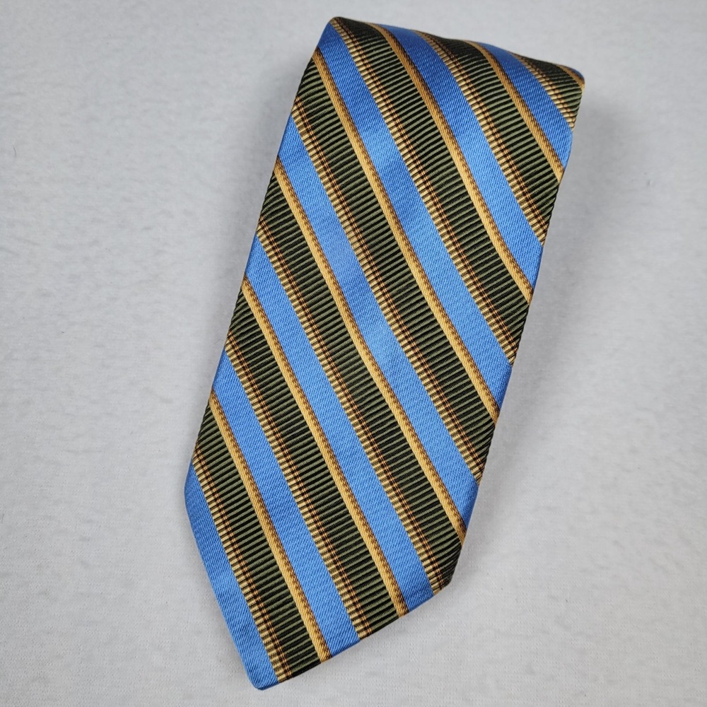Harold Powell Men's‎ Silk Blend Necktie Designer Striped Gold/Blue/Green